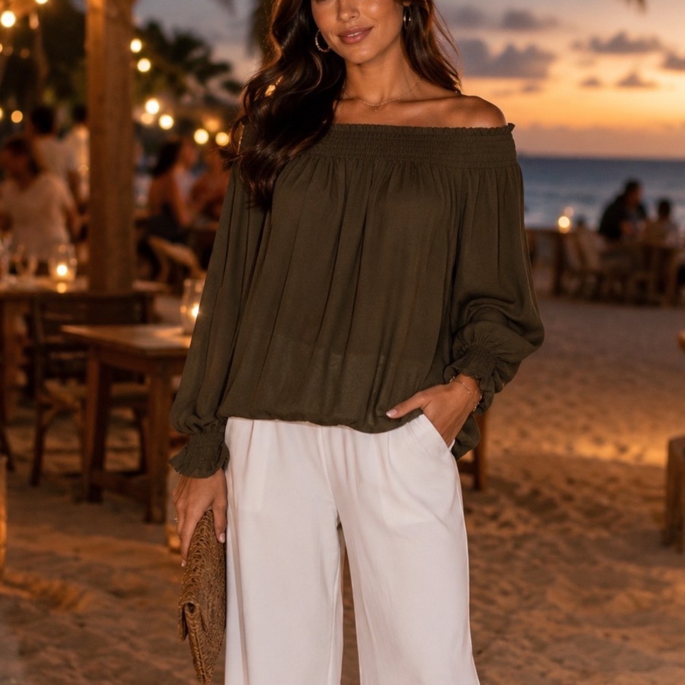 Express Olive Green Off The Shoulder Smocked Balloon Sleeve Blouse NWT